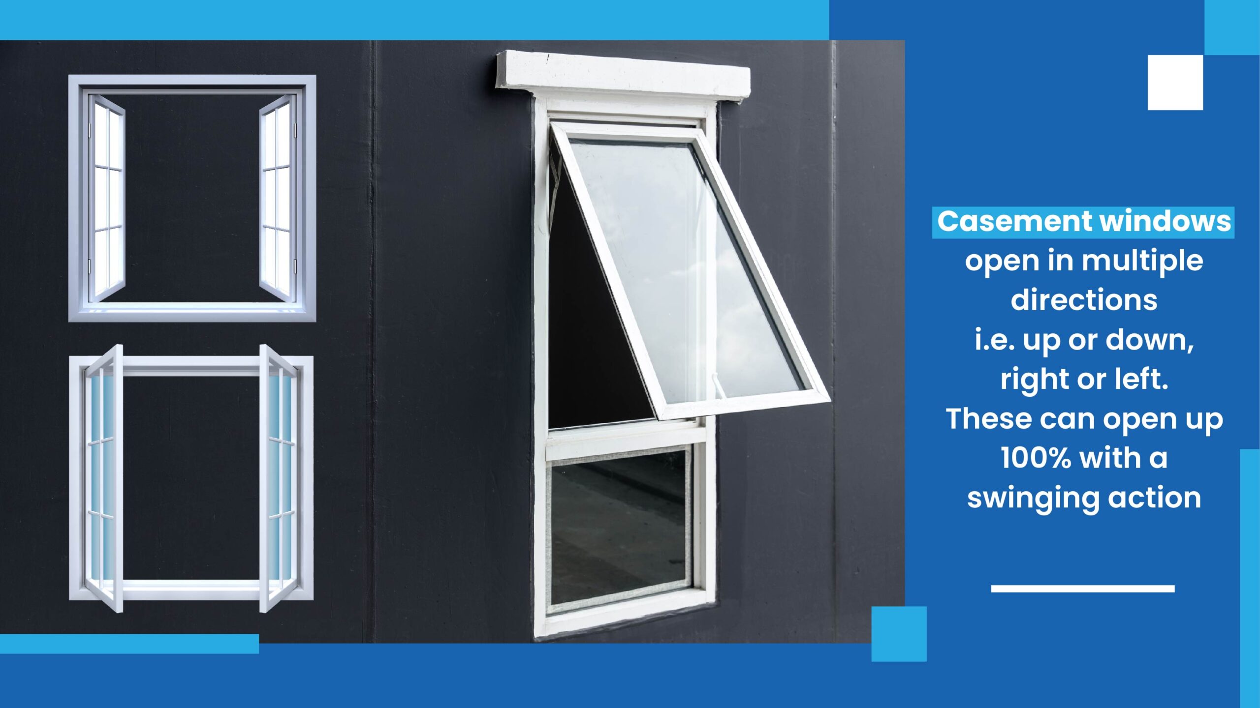 Casement windows open in multiple directions